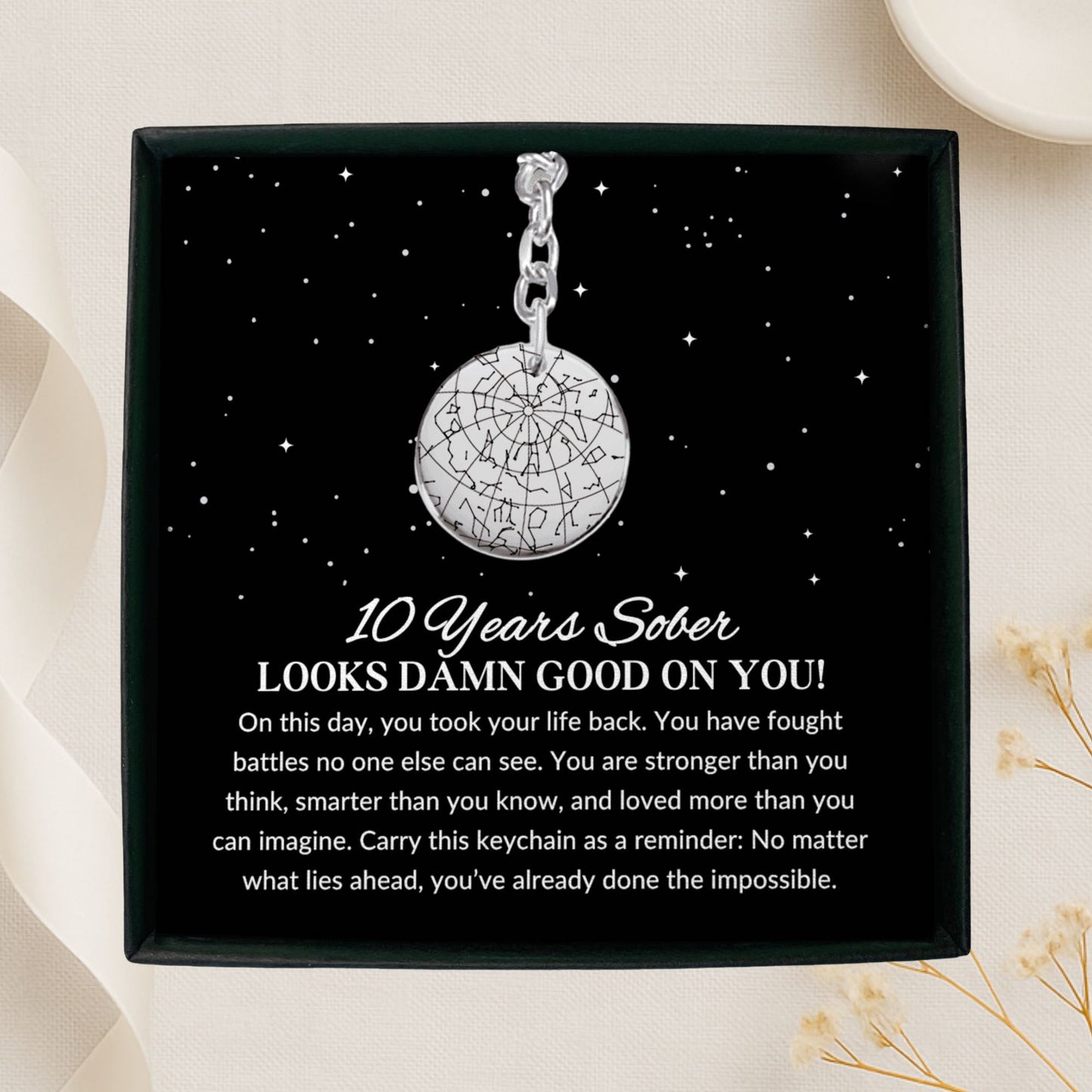 10 Year Sober Anniversary Gift – Custom Sobriety Star Map Keychain